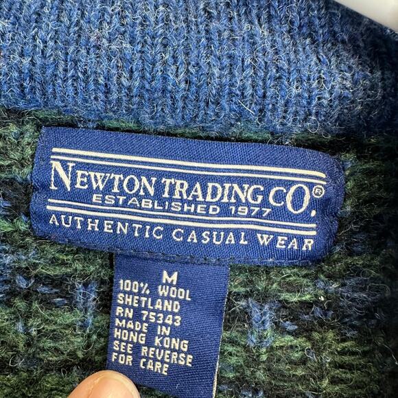 Newton Trading Co Blue Floral Shetland Wool Zip Sweater Womens Medium Grandma - Picture 14 of 16